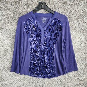 Chicos Top Womens 0 US Small Purple Velvet Accent V Neck Roll Tab Sleeve Casual